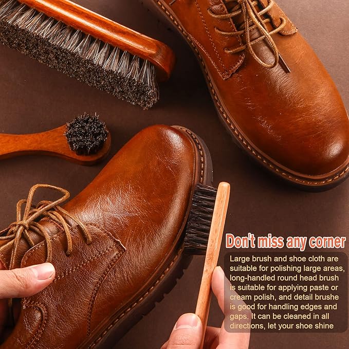 4 Pcs Horsehair Shine Shoes Brush Kit Polish Dauber Applicators Cleaning Leather Shoes Boots Care Brushes Suede Cleaner Brush with Microfiber Shoe Cloth