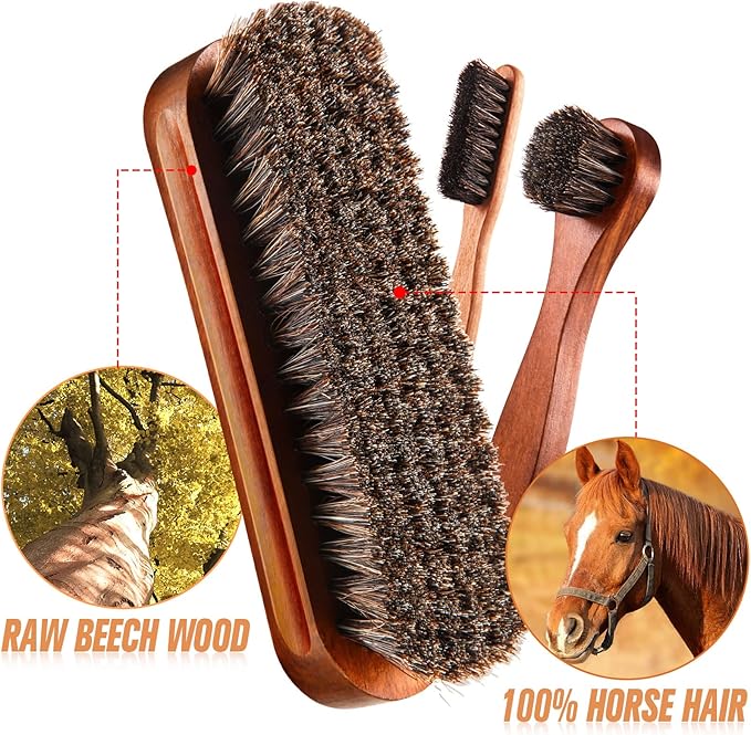 4 Pcs Horsehair Shine Shoes Brush Kit Polish Dauber Applicators Cleaning Leather Shoes Boots Care Brushes Suede Cleaner Brush with Microfiber Shoe Cloth