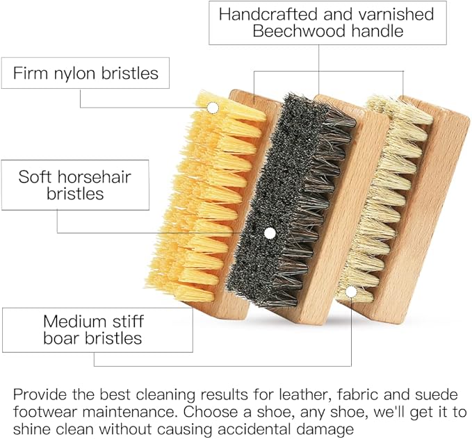 Shoe Cleaning Brush Set with Nylon, Boar and Horsehair Bristles, Wooden Sneaker Cleaner Brush for Leather, Suede, Canvas, Textile, Bags and Accessories - 3 Pack